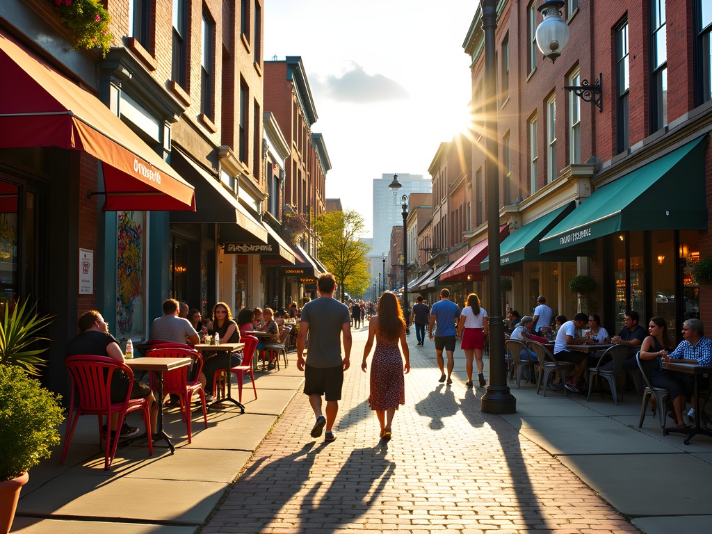 Colorful street scene in NuLu district of Louisville showing boutiques, cafes and street art