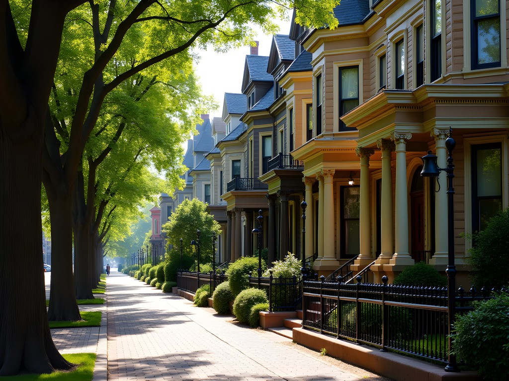 Tree-lined street in Old Louisville showcasing Victorian mansions and historic architecture
