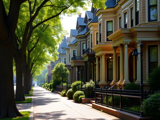 Tree-lined street in Old Louisville showcasing Victorian mansions and historic architecture
