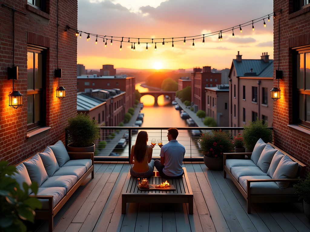 Couple enjoying sunset views from Lowell Canal Lofts rooftop deck
