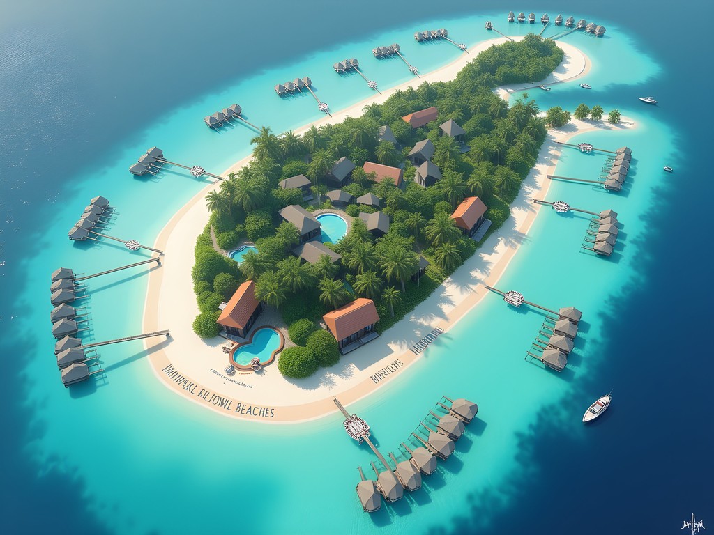 Illustrated map of Maafushi showing accommodation locations relative to bikini beaches