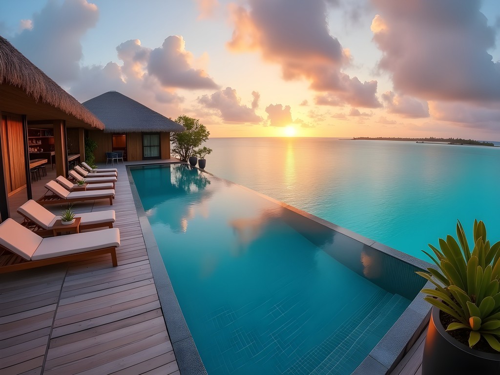 Panoramic view from mid-range hotel rooftop pool on Maafushi Island