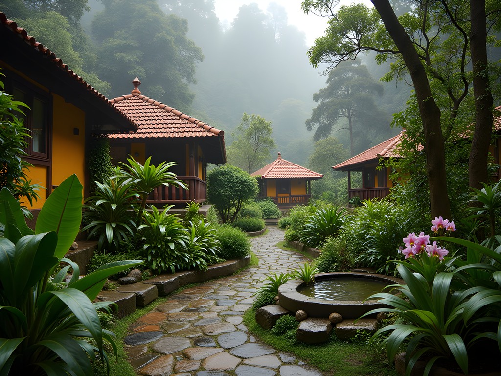 Lush tropical garden with casitas at Inkaterra Machu Picchu Pueblo Hotel with orchids and hummingbirds