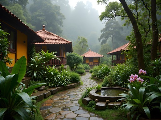 Lush tropical garden with casitas at Inkaterra Machu Picchu Pueblo Hotel with orchids and hummingbirds