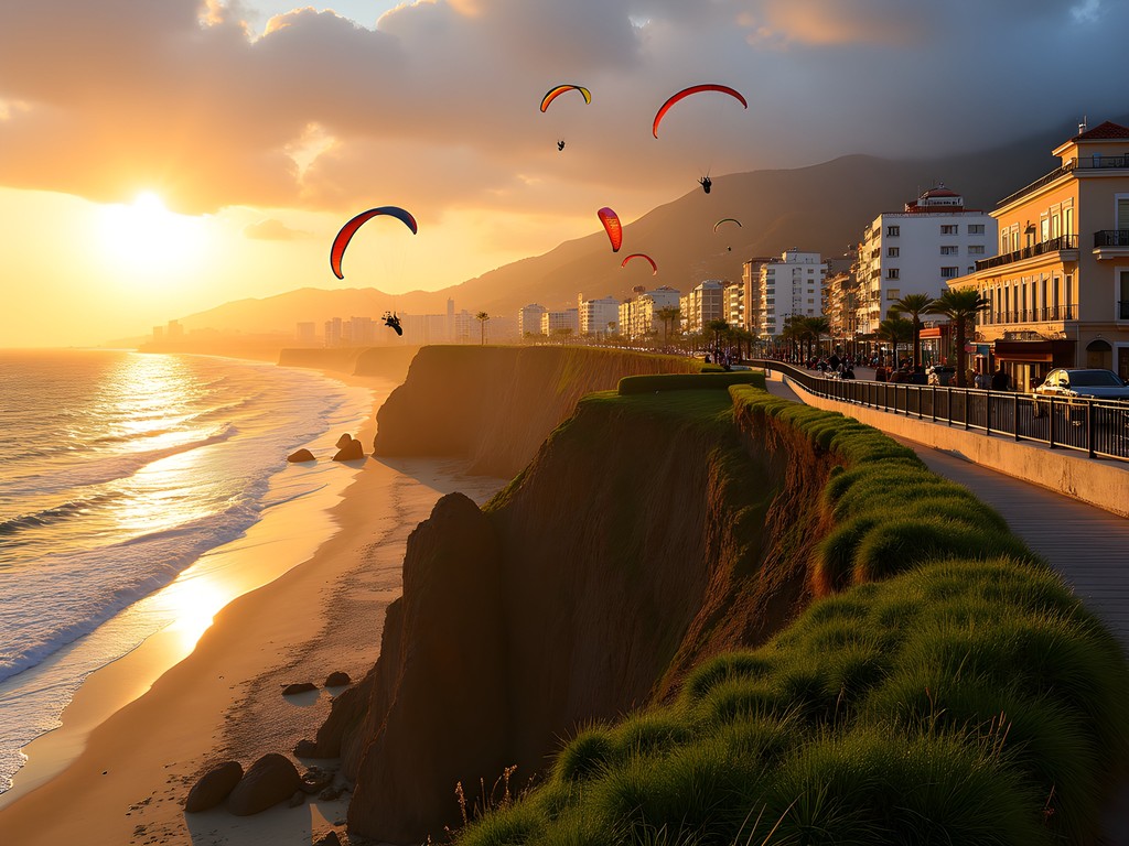 View of Miraflores district in Lima with Pacific Ocean, cliffs, and paragliders at sunset
