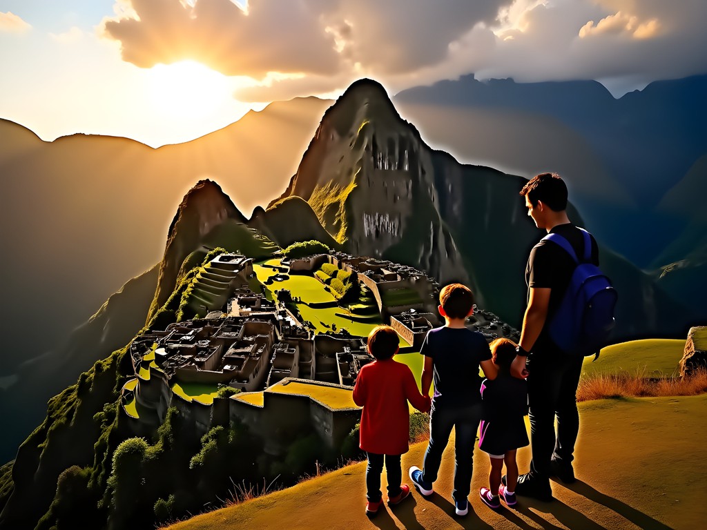 Family watching sunrise over Machu Picchu with golden light illuminating the ancient stone city