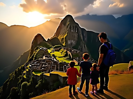 Family watching sunrise over Machu Picchu with golden light illuminating the ancient stone city