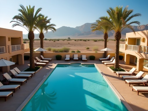 Hotel swimming pool in Nazca with desert landscape and mountains in background