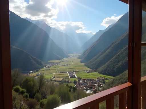 Hotel room view of the Sacred Valley with Andes mountains and agricultural terraces