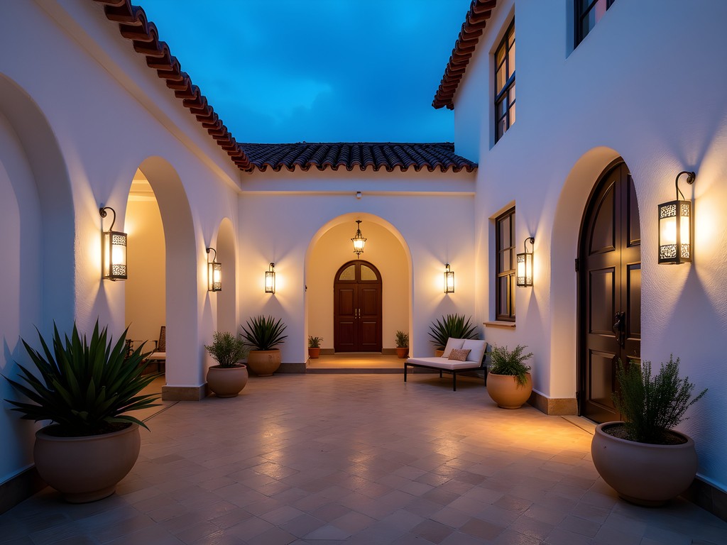 Colonial courtyard of luxury hotel in Arequipa at sunset