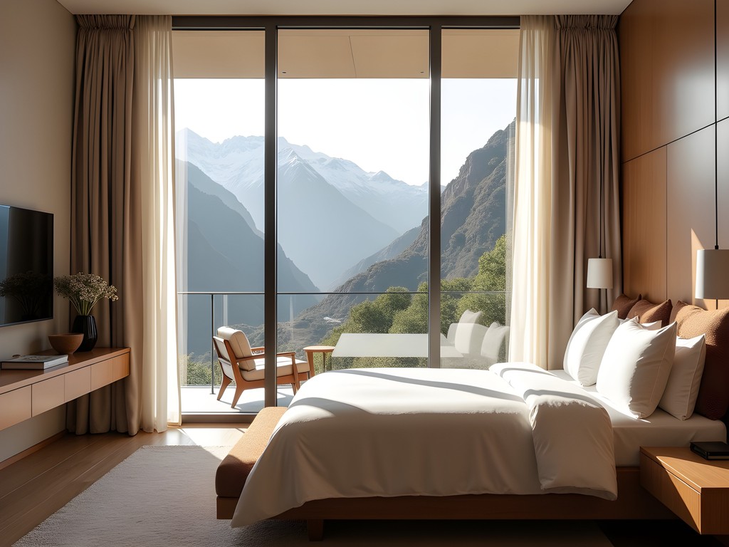 Modern luxury hotel room with floor-to-ceiling windows framing Sacred Valley mountains