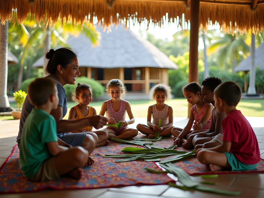 Children participating in traditional Malagasy craft workshop at a family resort in Mahajanga