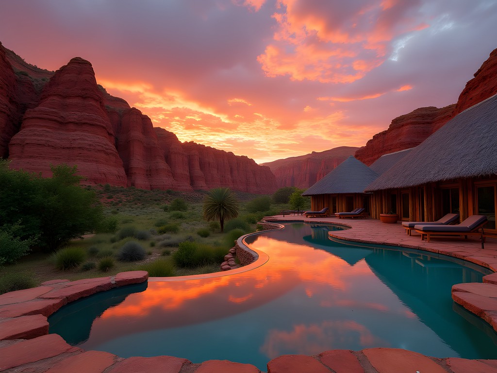 Eco-lodge overlooking the dramatic red Cirque Rouge formations near Mahajanga at sunset