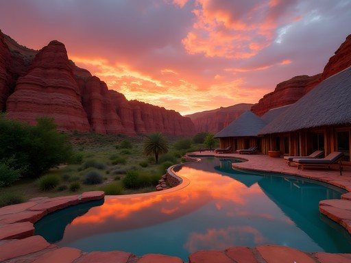 Eco-lodge overlooking the dramatic red Cirque Rouge formations near Mahajanga at sunset