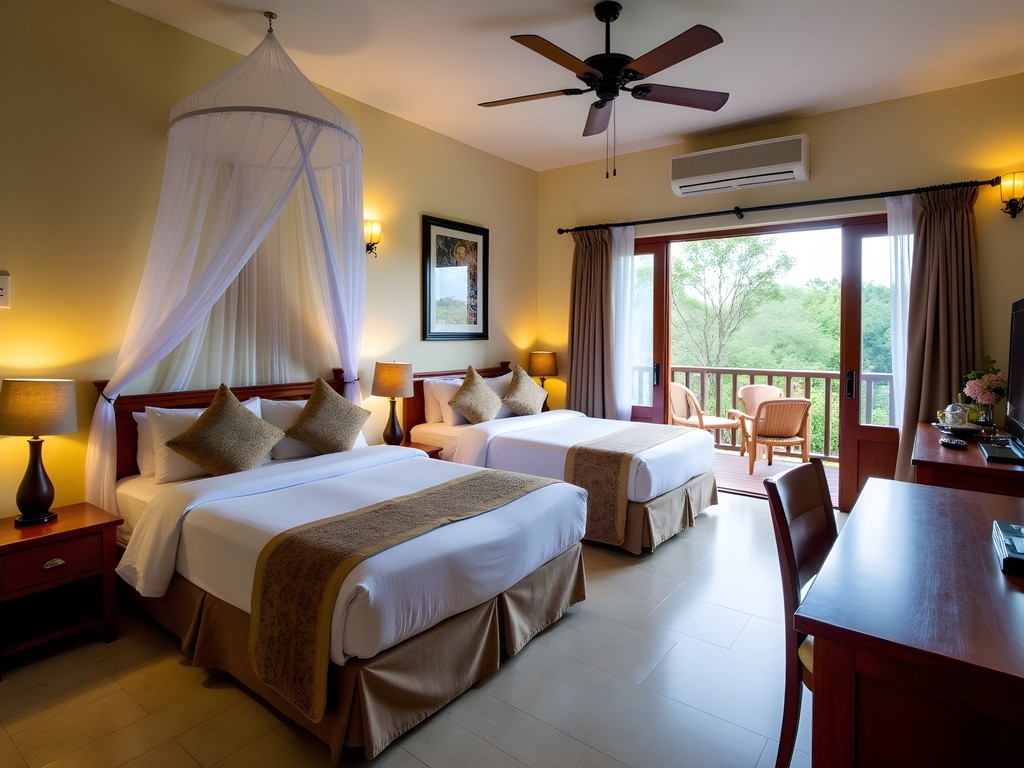 Typical family room configuration in a mid-range Mahajanga hotel showing bed arrangements and amenities