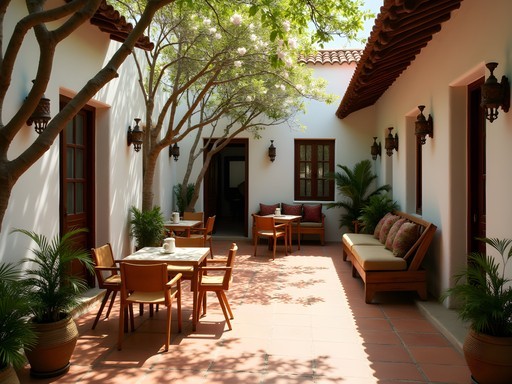 Traditional courtyard of a family-run guesthouse in Mahajanga with flowering frangipani trees