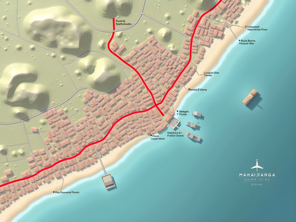 Map of Mahajanga's main accommodation zones showing the Corniche, downtown, and outlying areas
