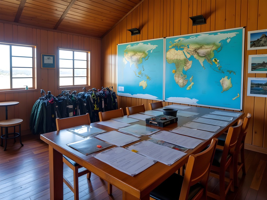 Common area at a diving-focused accommodation in Majuro showing dive maps and equipment