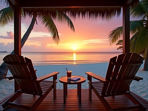 Sunset view from a Laura Beach Cottage showing the patio and ocean view