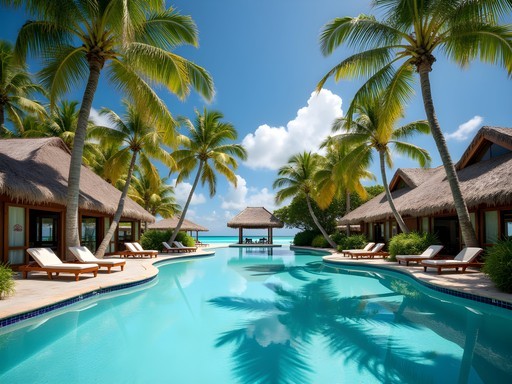 Exterior view of Marshall Islands Resort showing the beachfront and palm trees