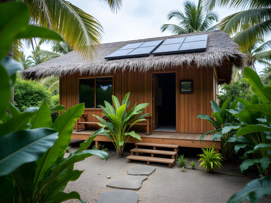Sustainable practices at a Majuro guesthouse showing rainwater collection and solar panels