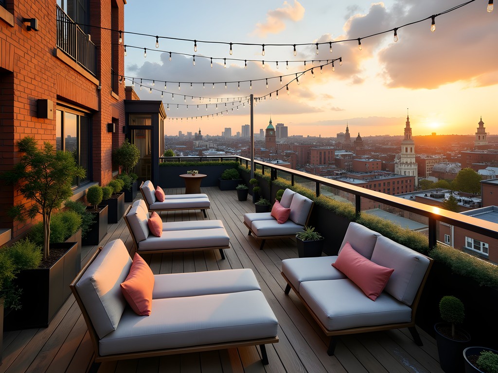 Rooftop terrace at Great John Street Hotel with city views and comfortable seating