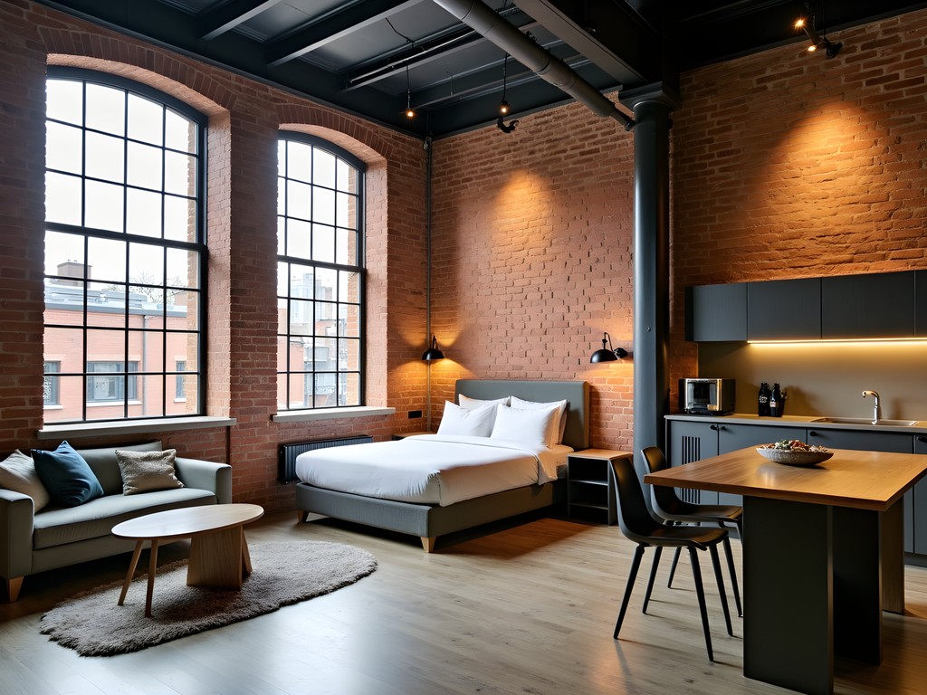 Industrial-chic apartment interior at Native Manchester with exposed brick and large windows