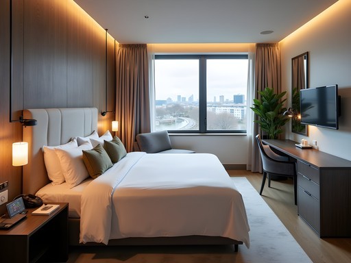 Modern smart hotel room in Manchester with sustainable design features and technology integration