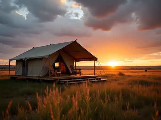 Luxury canvas tent on wooden platform with deck chairs facing prairie sunset near Mandan, North Dakota