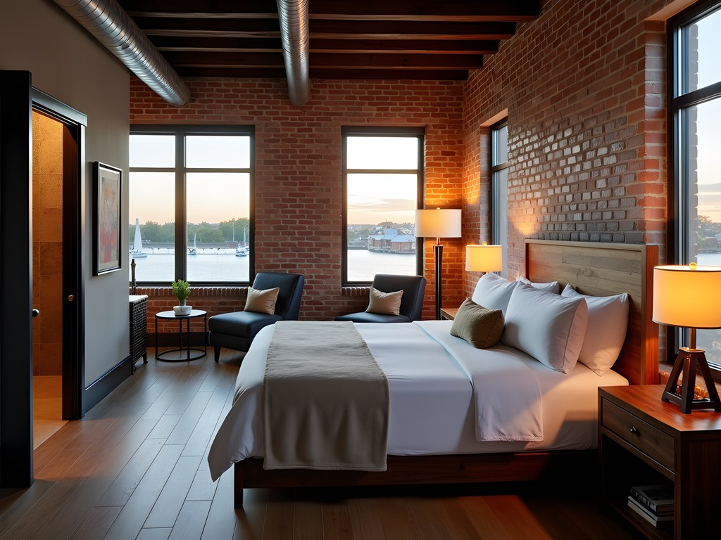 Boutique hotel room with exposed brick walls, timber beams, and modern furnishings overlooking the Missouri River in Mandan