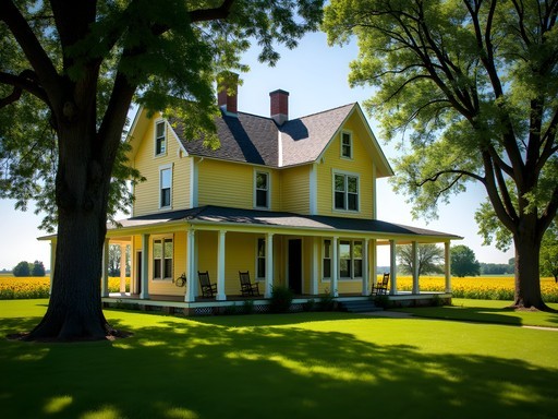 Historic yellow farmhouse with white trim surrounded by sunflower fields near Mandan, North Dakota