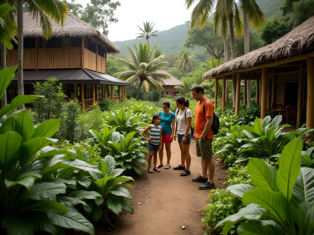 Lush sustainable gardens at La Casa Verde Eco Lodge in Manta with family exploring