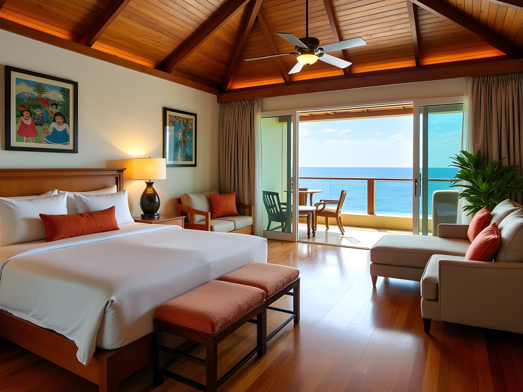 Elegant family suite at Wyndham Manta Sail Plaza with ocean views and separate children's sleeping area