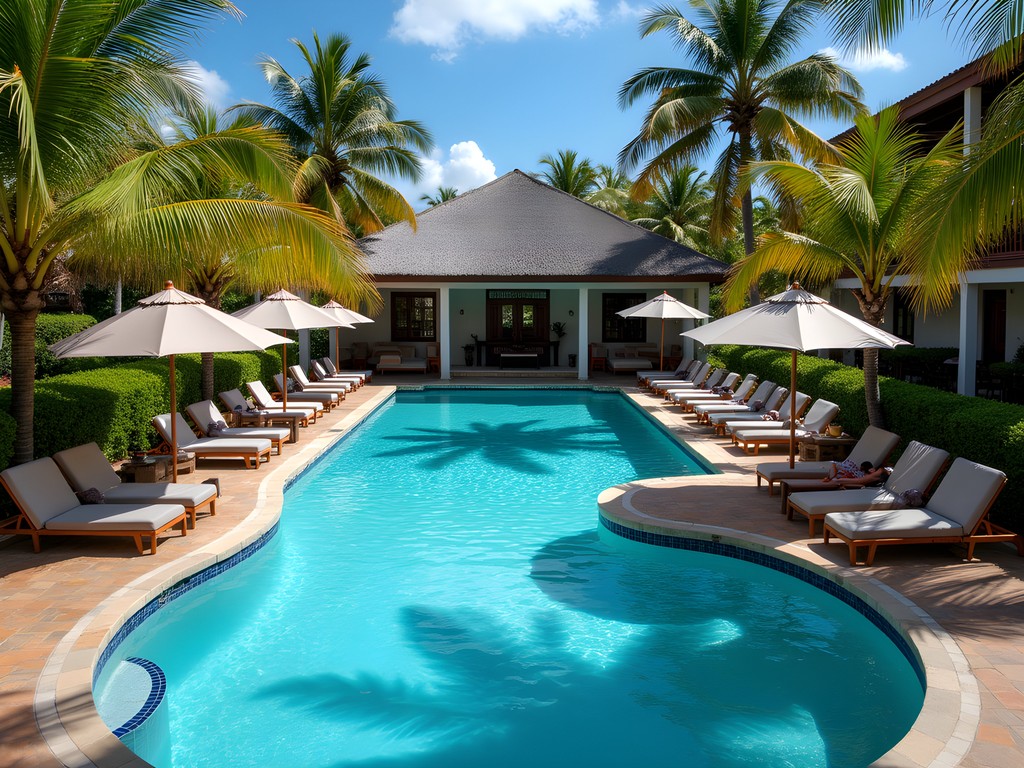 Family-friendly pool area at Hotel Poseidon in Manta with palm trees and comfortable loungers