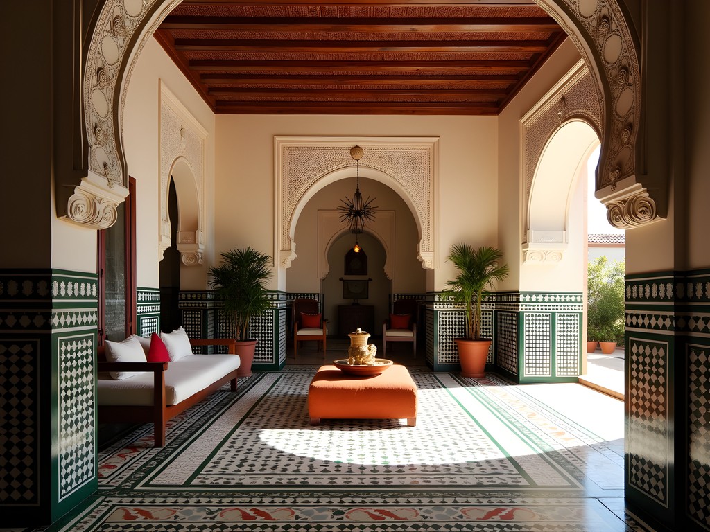 Interior designer examining traditional Moroccan architectural details in a historic Marrakech riad