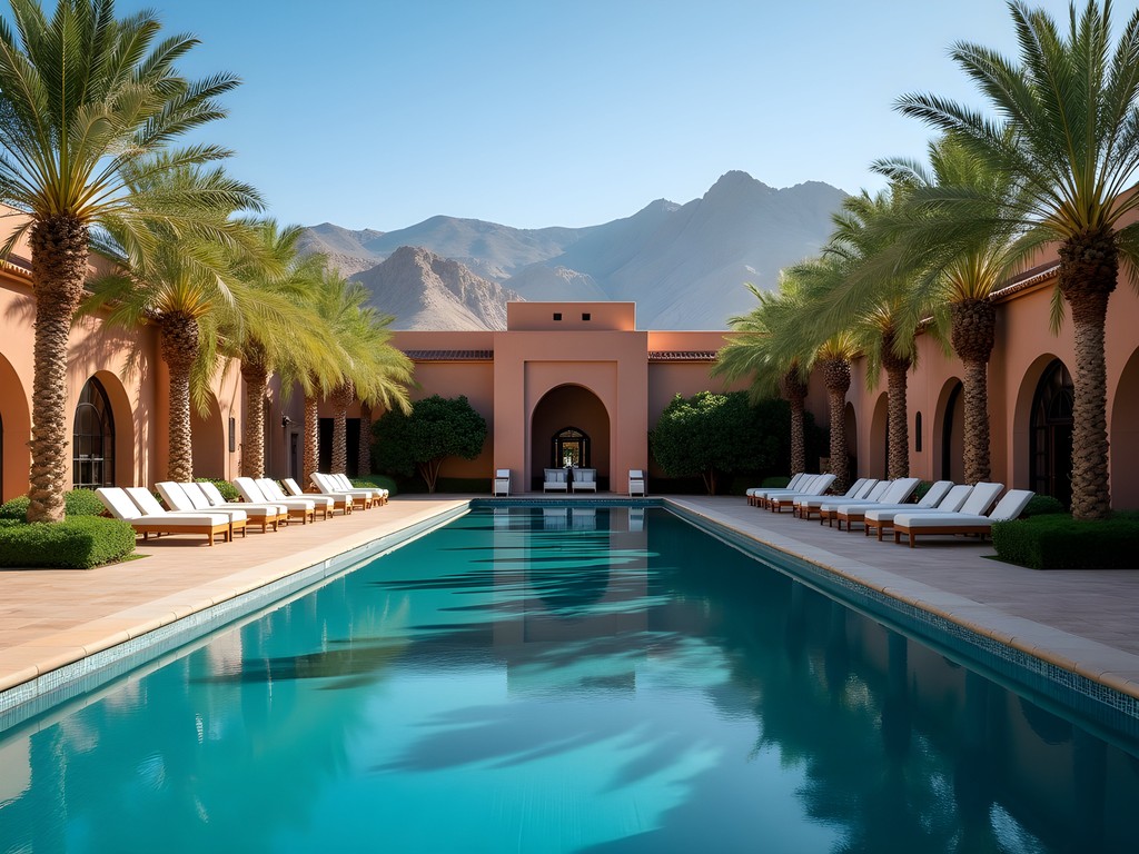 Luxury resort infinity pool in Marrakech with palm trees and Atlas Mountains view