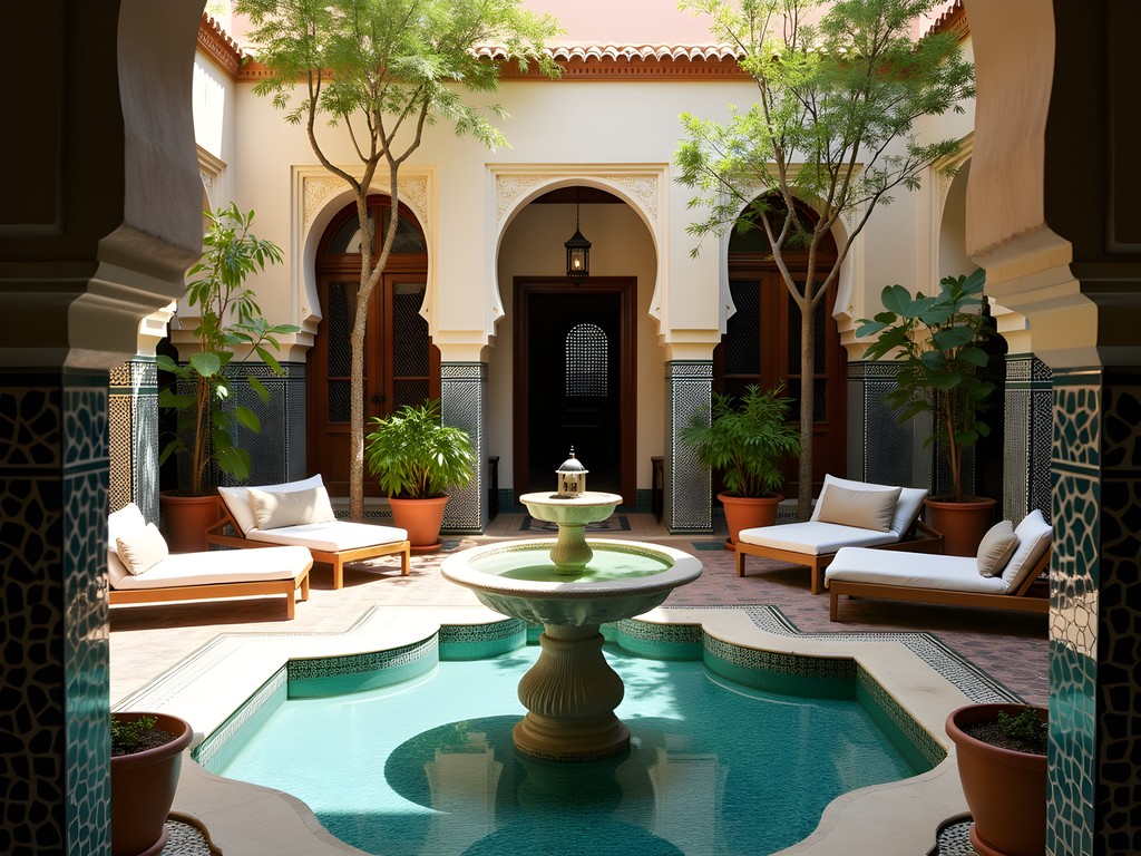 Traditional Moroccan riad courtyard with ornate fountain and zellige tilework in Marrakech
