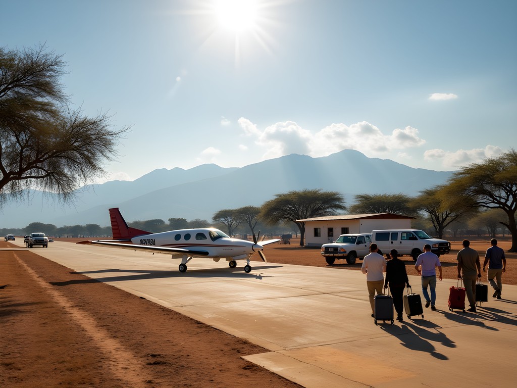 Small aircraft and safari vehicles at Maun Airport, the gateway to Okavango Delta