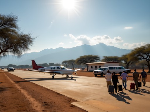 Small aircraft and safari vehicles at Maun Airport, the gateway to Okavango Delta