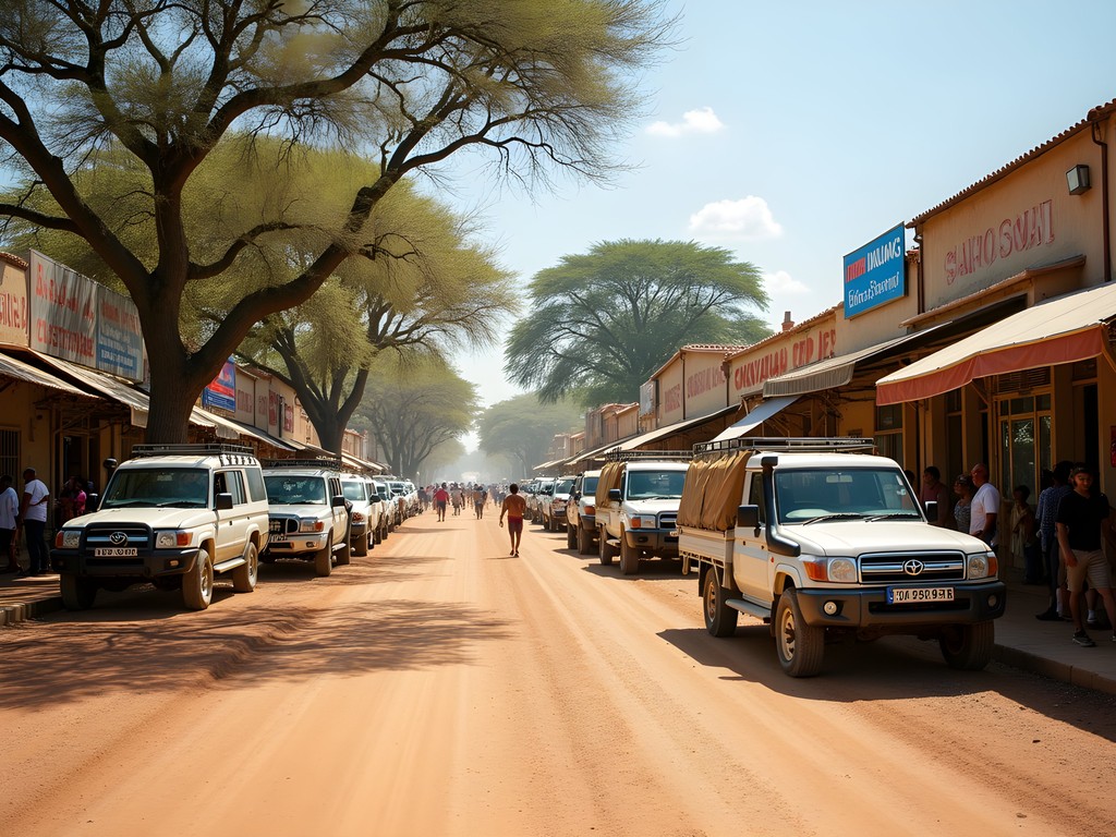 Main street in Maun, Botswana with safari vehicles and local shops