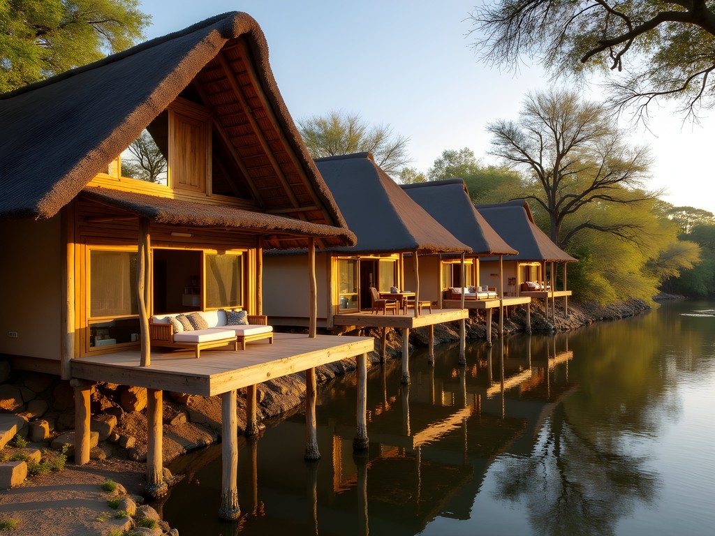 Sustainable riverside lodge architecture in Maun with traditional thatched roofs