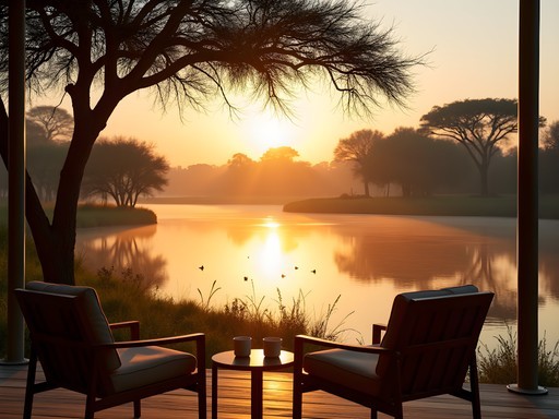 Morning view from Thamalakane River Lodge in Maun showing wildlife and river landscape