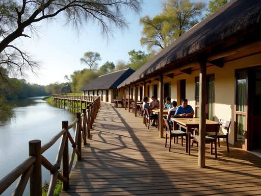 Riverside budget accommodation in Maun with outdoor communal area and Thamalakane River views