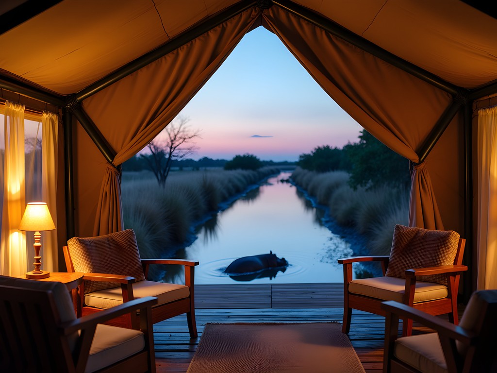 Canvas safari tent with veranda overlooking Okavango Delta waterway at dusk