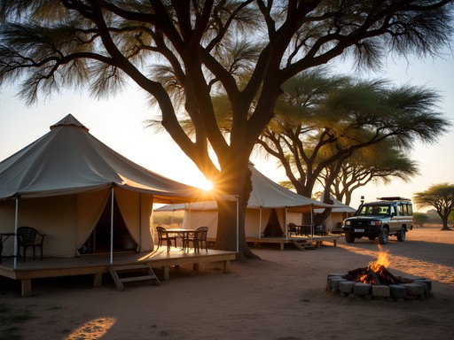 Simple mobile safari camp with dome tents under acacia trees in the Okavango Delta