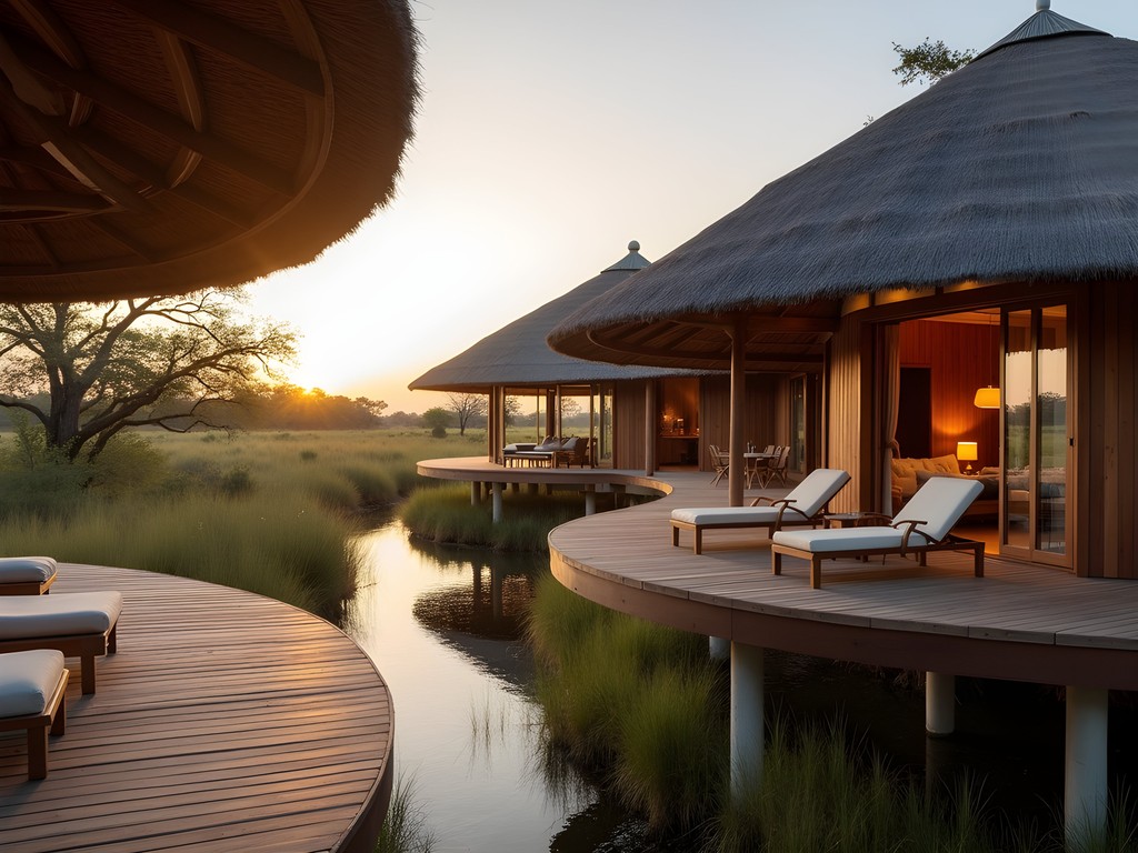 Luxury safari lodge architecture blending with Okavango Delta landscape at sunset
