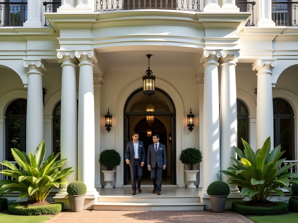 Colonial architecture of a boutique hotel in Medan with ornate details and lush tropical plants