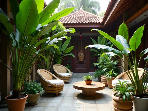 Lush garden courtyard at an eco-friendly accommodation in Medan with sustainable design elements