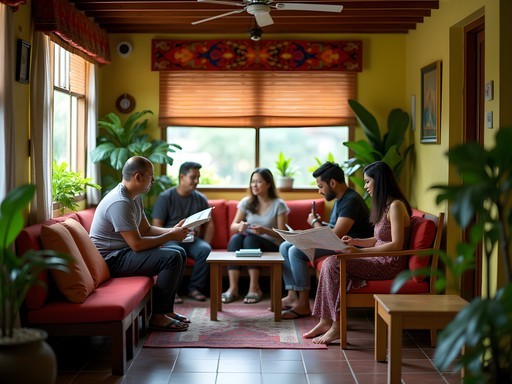 Vibrant common area in a Medan hostel with travelers sharing stories and travel tips