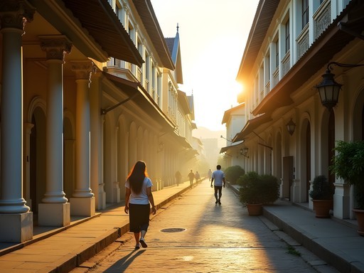 Early morning light on colonial architecture in Medan's Kesawan district with locals beginning their day